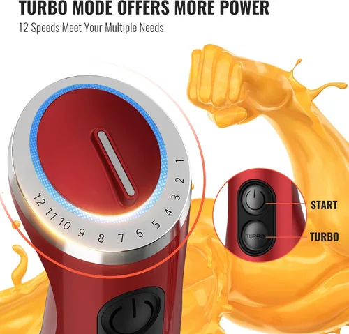 Miniatura 6 de KOIOS Licuadora de inmersión de mano 5 en 1, batidora de mano de 1000 W de 12 velocidades con motor de cobre y hoja de acero inoxidable, vaso de Rojo