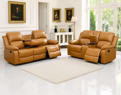 Miniatura 31 de Sofá reclinable manual moderno, sofá reclinable de cuero de 3 plazas, sofá reclinable de sala de estar, sofá con portavasos y mesa abatible