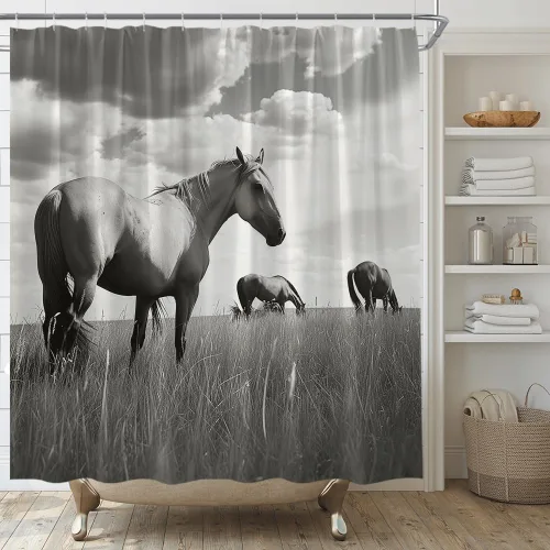 Miniatura 12 de Cortina de ducha con estampado de vaca, piel de vaca negra y blanca, divertida piel de granja de animales de granja, estilo occidental, tela Negro