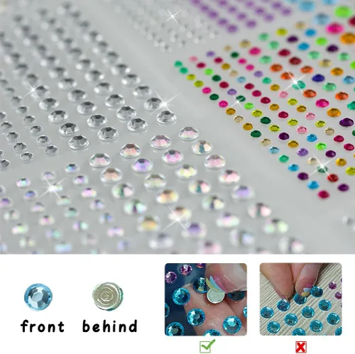 Miniatura 3 de 2064 calcomanías de diamantes de imitación, autoadhesivas, 4 colores, 12 hojas de diamantes de imitación para el cabello para hacer manualidades