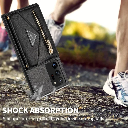 Miniatura 6 de Funda tipo cartera cruzada de piel sintética para Samsung Galaxy S22 Ultra 5G, 6.8 pulgadas, tarjetero, monedero con cremallera y soporte (negro)