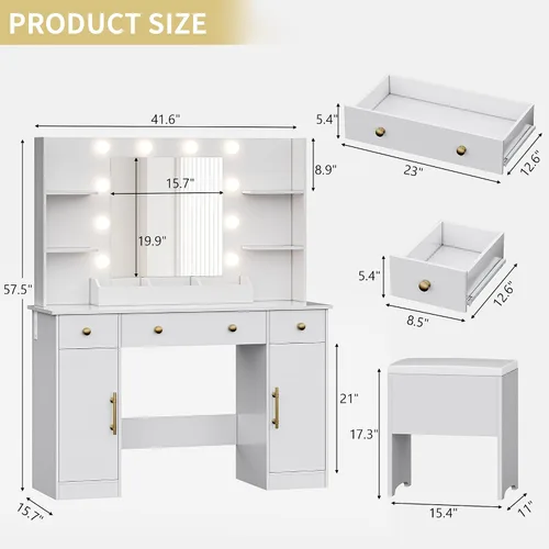 Miniatura 7 de Xixini - Escritorio de tocador con espejo y luces, juego de mesa de maquillaje de 109 cm de ancho en color blanco con 5 cajones y silla, toma