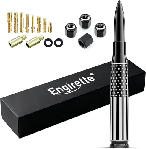 Miniatura 16 de Antena de camión para automóvil con tapas de válvula de neumáticos, bandera estadounidense, repuesto corto universal para GMC Sierra, Chevy, Negro
