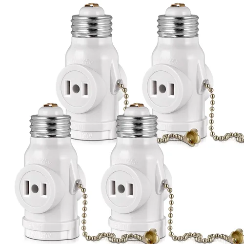 Miniatura 8 de Paquete de 2 adaptadores de enchufe de luz E26, convierte el enchufe de tornillo mediano en dos tomas de corriente con interruptor de cadena