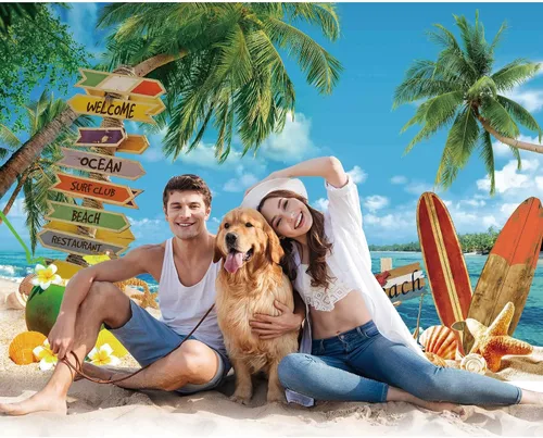 Miniatura 3 de Tela de poliéster de 7 x 5 pies, telón de fondo de playa de verano, fondo de playa tropical, isla de palmeras, fotografía, cielo de mar azul