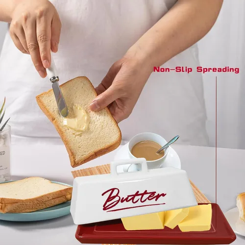 Miniatura 5 de Mantequillera de cerámica con tapa, plato de mantequilla roja con tapa para encimera y refrigerador, bandeja de mantequilla roja, recipiente