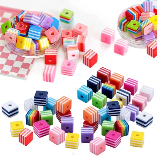 200 cuentas de rayas de resina de 0.315 pulgadas (0.315 in), colores mezclados, cuadrado, arco iris, para hacer joyas, cubo de plástico, espaciador