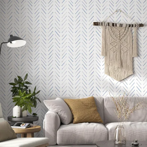 Miniatura 7 de Papel tapiz de rayas de espiga para despegar y pegar, papel tapiz de 17.3 x 78.8 pulgadas, papel de pared blanco y azul, papel de contacto bohemio