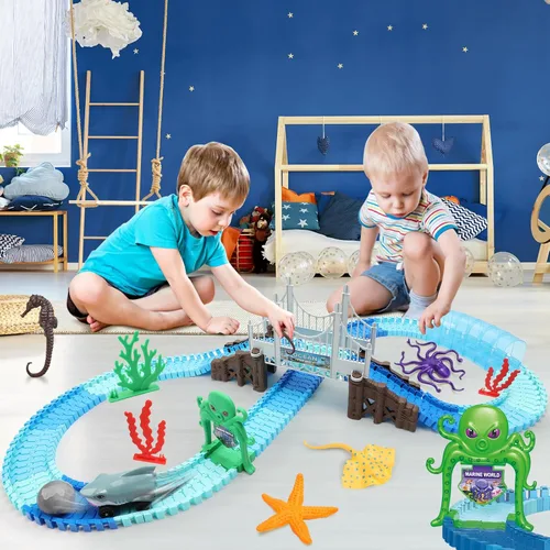 Miniatura 7 de VATOS - Juguetes de pista 183 piezas, autos de carreras de tiburón para niños y niñas de 3, 4, 5, 6, 7, 9 años, autos de pista flexibles y maleables