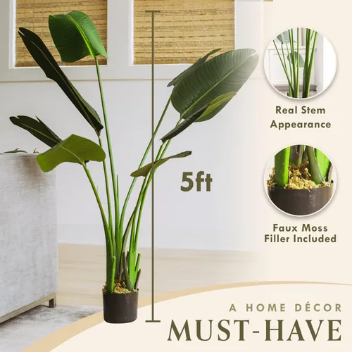 Miniatura 6 de FOREVER LEAF Planta artificial Bird of Paradise de 5 pies, incluye maceta negra, hojas realistas en forma de plátano, plantas de piso grandes