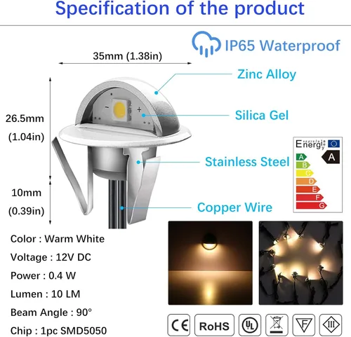 Miniatura 2 de Kit de luces LED para exteriores, Φ1.38 pulgadas, blanco cálido, paquete de 10 unidades, bronce, bajo voltaje, 12 V CC, IP65, impermeable