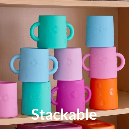 Miniatura 5 de PopYum Taza de entrenamiento de silicona, paquete de 2, morado eléctrico y rosa orquídea Asas, sin BPA, entrenamiento de autoalimentación, vaso