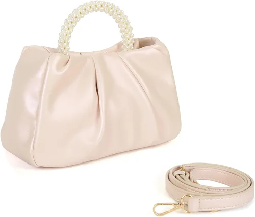 Miniatura 2 de Valleycomfy Bolsos de mano de noche con perlas para mujer, de cuero suave, fruncidos, cruzados, bolsa de hombro para fiestaboda
