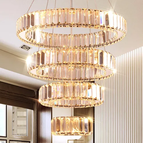 Candelabro LED de 4 anillos para comedor, moderna lámpara de cristal colgante, lámparas de techo alto para dormitorio, sala de estar, comedor,