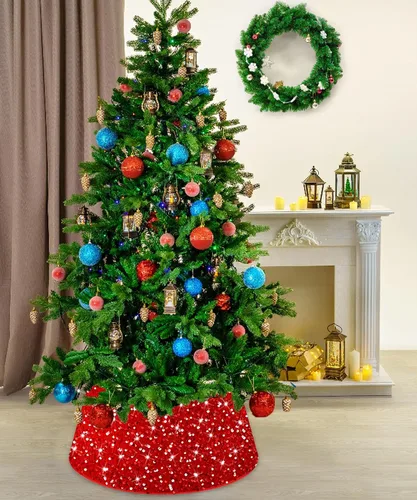 Miniatura 4 de FANPROMS Collares de Árbol de Navidad para Árboles Artificiales Base de 23.6 Pulgadas de Diámetro Falda de Árbol de Lentejuelas Rojas Moderno Anillo