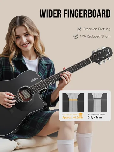 Miniatura 4 de Rosen Guitarra acústica Dreadnought de tapa sólida de 104 cm con abeto, para principiantes, con libro, bolsa acolchada, cuerdas, púas, llave Negro