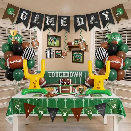 Globos de fútbol verde oscuro, marrón y negro, globos con pancarta, colgante, remolino, poste de meta, globos de fútbol para deportes, cumpleaños,