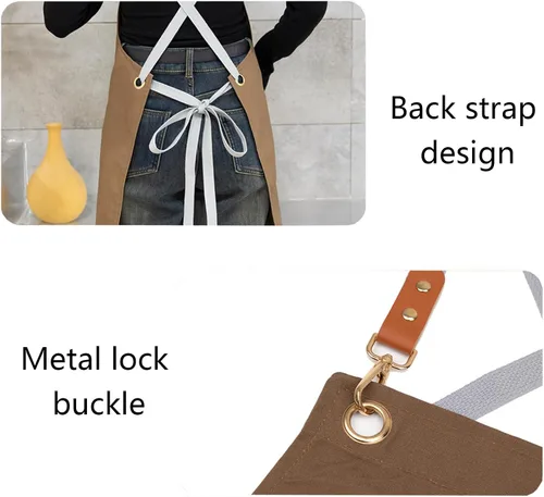 Miniatura 4 de Delantal de chef para hombres y mujeres, delantales de lona con 3 bolsillos traseros cruzados, delantal de trabajo resistente para cocinar