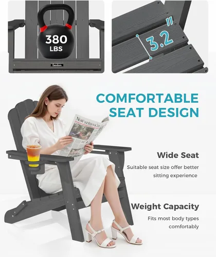 Miniatura 4 de Silla Adirondack plegable, silla Adirondack de HDPE con 2 soportes para tazas, sillas para fogatas al aire libre de fácil montaje para patio, Negro