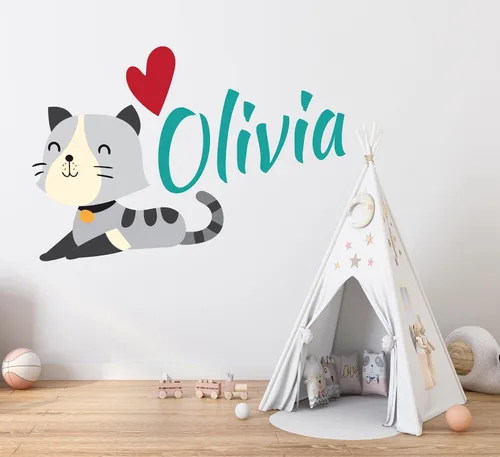 Miniatura 3 de Calcomanía de pared de gato lindo con nombre personalizado, decoración de pared de gatito, calcomanía de gatito extraíble para despegar y pegar