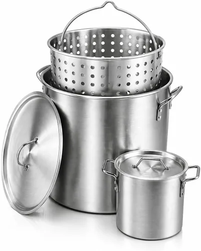 Olla multiusos de grado profesional de 80 cuartos de galón con cesta (3 piezas) más una olla de 12 cuartos de galón (2 unidades).