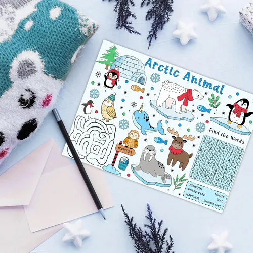 Miniatura 3 de Serencatcher 12 manteles individuales de animales árticos para colorear, manteles individuales de invierno para actividades de mesa de niños