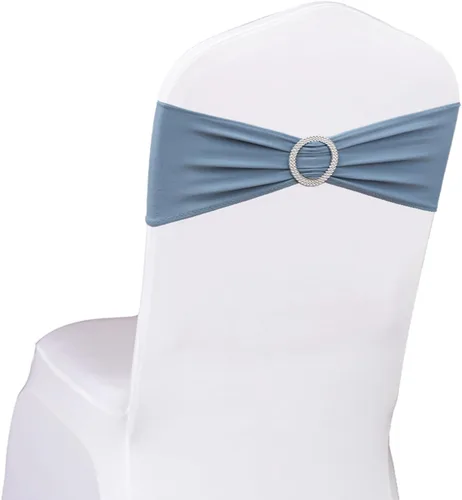 Paquete de 50 unidades de cintas elásticas de elastano azul polvoriento para sillas, con moños, bandas de cubierta de silla elásticas, hebillas Azul