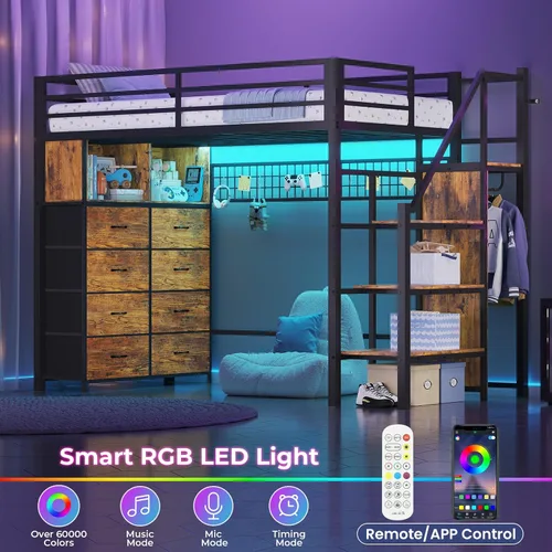 Miniatura 5 de ADORNEVE - Cama tipo loft tamaño individual con escaleras de almacenamiento, 8 cajones, cama tipo loft de metal para niños tamaño individual