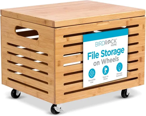 BIRDROCK HOME Caja organizadora de almacenamiento de archivos rodantes con tapa (nueva versión) – Caja decorativa de madera de bambú para documentos