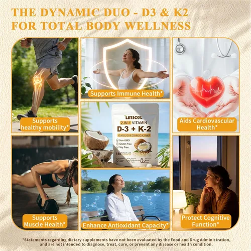 Miniatura 3 de Suplemento de vitamina D3 K2 2 en 1 Softgel, vitamina D3 10000 UI y vitamina K2 200 mcg, K2 MK7 con suplemento de vitamina D3 que apoya la salud