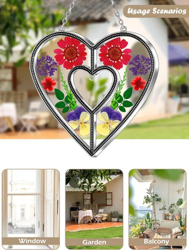 Miniatura 4 de Ky&Bosam - Atrapaluz de cristal, ventana en forma de corazón, con flor prensada, diseño de corazón/ "Mom", regalo para el Día de la Madre, Navidad