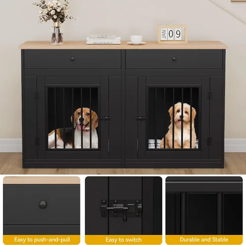 Miniatura 6 de DWVO Muebles de jaula doble de 60 pulgadas para 2 perros, soporte de TV de jaula de perro de madera resistente con divisor removible y cajones