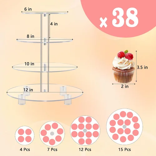 Miniatura 5 de YestBuy Soporte redondo de acrílico para cupcakes de 4 niveles con base, soporte premium para cupcakes, torre de exhibición de cupcakes de acrílico