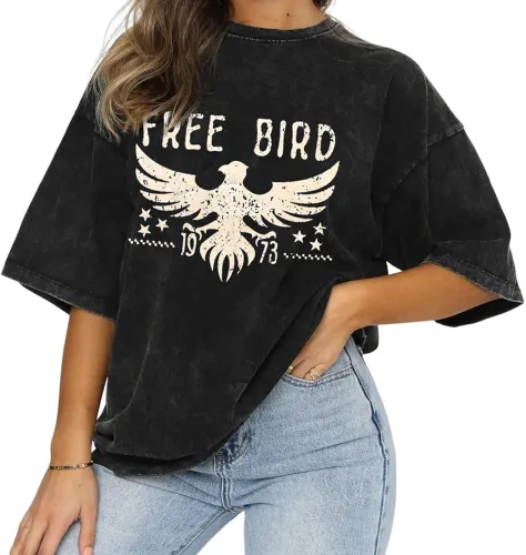 Camisetas vintage de banda de rock para mujer, retro, gratis, de pájaro, águila, música country, camisetas casuales sueltas de manga corta