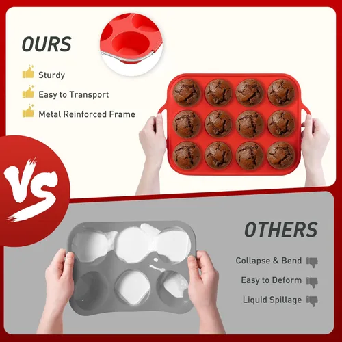 Miniatura 3 de 12 Tazas Molde para Muffins de Silicona con Marco Reforzado de Metal, Molde Regular para Cupcakes, Bandeja para Huevos, Moldos Circulares de Rojo