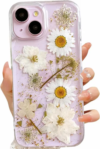 Miniatura 50 de LSEEKA Funda transparente para iPhone 13 Mini/iPhone 12 Mini con diseño de flores reales prensadas, con purpurina, bonito patrón floral blanco, Oro
