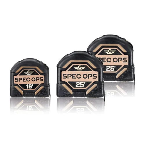 Spec Ops Tools Juego de herramientas de cinta métrica de 16 pies y (2) 25 pies, hoja de doble cara de 1 pulgada, estuche de compuesto de grado