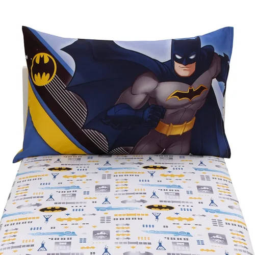 Miniatura 5 de Warner Brothers Batman The Caped Crusader - Juego de sábanas de 2 piezas para niños pequeños, sábana bajera ajustable y funda de almohada reversible