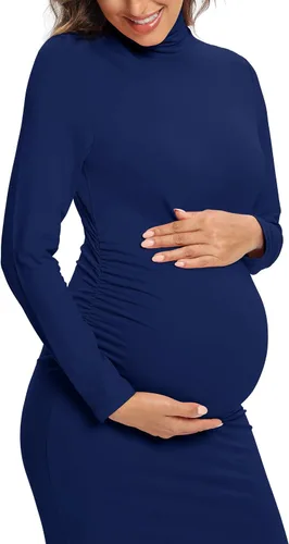 Miniatura 2 de Vestido de maternidad de manga larga con cuello alto, vestido de embarazo ajustado a media pierna para uso casual, sesión de fotos, baby shower