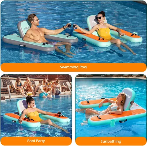 Miniatura 6 de FBSPORT Tumbona inflable para piscina para adultos, silla flotante de agua, balsa flotante de piscina con soporte para tazas y respaldo para Verde