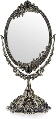 JUXYES Espejo de maquillaje decorativo antiguo de mesa de metal con soporte, espejo cosmético vintage giratorio de doble cara con marco, espejo de
