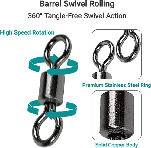 Miniatura 4 de AMSYPORTS - Conector giratorio de pesca de alta resistencia para agua salada, barril giratorio de agua dulce, balanceo resistente, cobre, negro