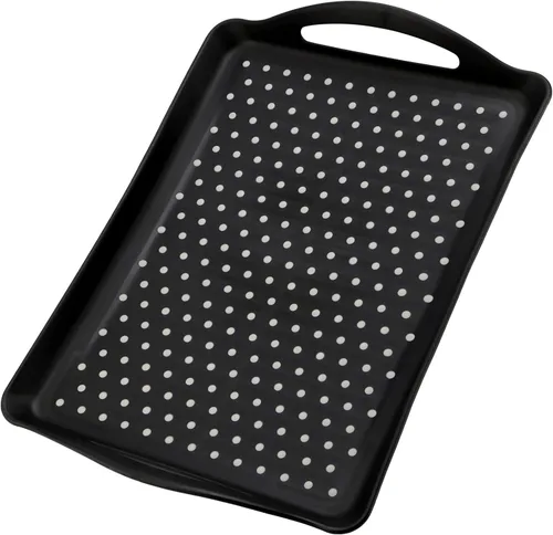 Miniatura 6 de Paquete de 4 bandejas antideslizantes para servir alimentos con asas, bandeja rectangular de plástico de 16.5 x 11.4 x 1.57 pulgadas, bandeja negra