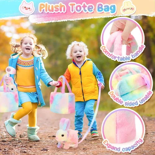Miniatura 5 de NINAOR Juguetes interactivos de peluche para niños con bolsas de mano, conejo robot de peluche con correa que salta y orejas que se mueven, juguetes