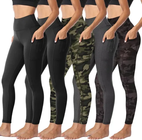 Sundwudu Paquete de 5 leggings para mujer, control de abdomen, pantalones de yoga negros suaves de cintura alta para entrenamiento, tallas regulares
