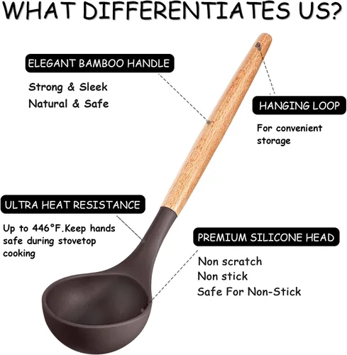 Miniatura 4 de MIBOTE Juego de utensilios de cocina de silicona con soporte, mangos de madera, pinzas para voltear, espátula, cuchara, utensilios de cocina