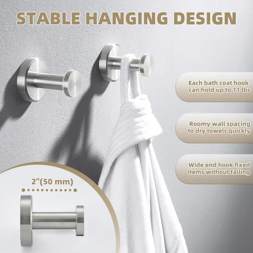 Miniatura 3 de APLusee Ganchos para toallas de baño de níquel cepillado, ganchos de acero inoxidable 304, paquete de 2 ganchos de toallas resistentes para baño