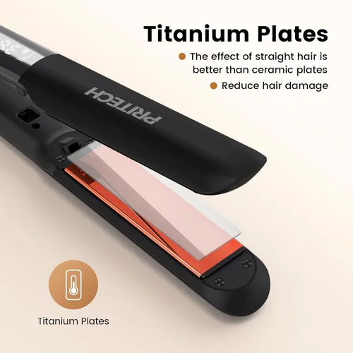 Miniatura 2 de PRITECH Plancha plana 2 en 1, plancha plana de titanio con iones negativos, temperatura ajustable (248℉-450℉) y apagado automático (negro)