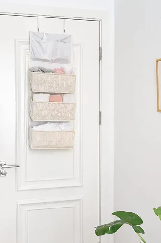 Miniatura 2 de Mkono Organizador de macramé sobre la puerta, decoración bohemia para colgar del cuarto de bebé, con 3 bolsillos grandes tejidos, organizador
