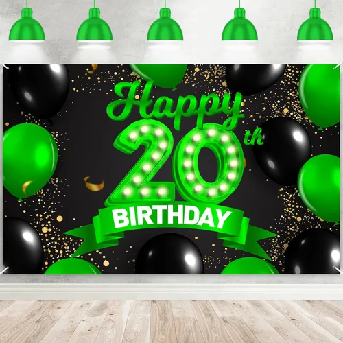 Miniatura 50 de Cartel de feliz cumpleaños 26 verde y negro, telón de fondo con texto en inglés "Cheers to 26 years old confeti", globos de confeti, decoración